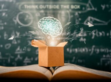 think outside the box on school green blackboard . startup  education concept. creative idea. leadership.